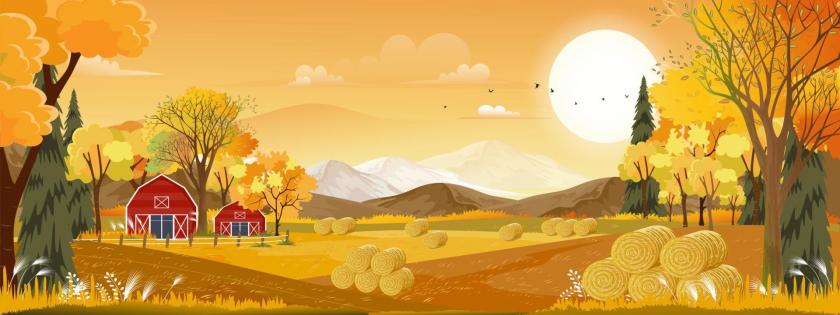 autumn-panorama-landscape-farm-field-with-orange-sky-beautiful-sunset-in-autumn-countryside-panorama-view-with-yellow-foliage-fall-season-with-copy-space-for-banner-background-vector