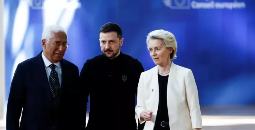 Антониу Кошта, Владимир Зеленский и Урсула фон дер Ляйен на саммите 6 марта