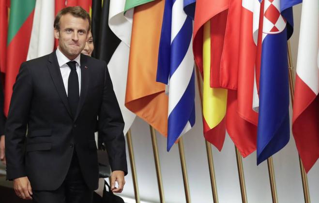 epa07686983 France's President Emmanuel Macron during a Special European Council in Brussels, Belgium, 01 July 2019. Heads of states or governments from the EU are continuing discussions on the possible candidates for the heads of EU institutions, namely 