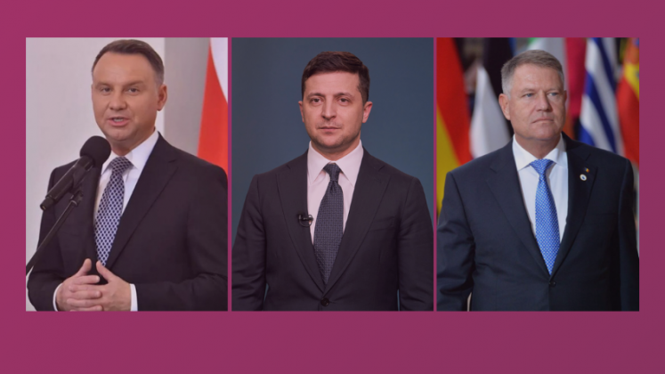 (Слева направо) Президент Польши Анджей Дуда, Президент Украины Владимир Зеленский, Президент Румынии Клаус Йоханнис.