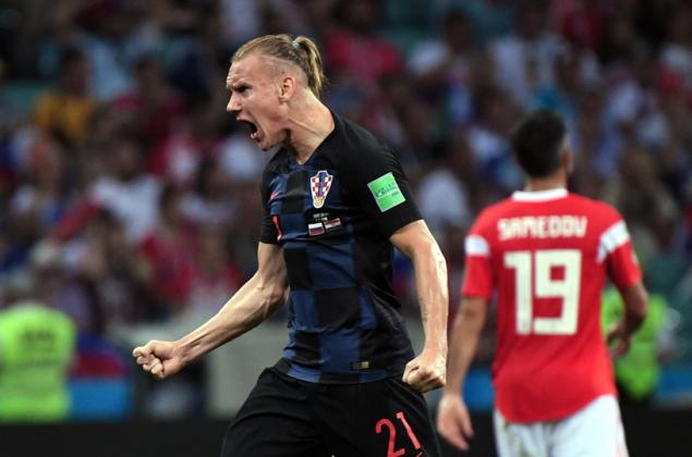 5582186 07.07.2018 Croatia's Domagoj Vida celebrates his team's goal during the World Cup quarterfinal soccer match between Russia and Croatia at the Fisht stadium, in Sochi, Russia, July 7, 2018. Alexander Vilf / Sputnik