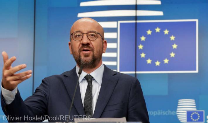 European Council President Charles Michel speaks at a news conference following a virtual summit with European Commission President Ursula von der Leyen and European leaders to discuss Belarus situation, in Brussels, Belgium August 19, 2020. Olivier Hos