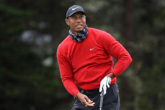 SAN FRANCISCO, CALIFORNIA - AUGUST 09: Tiger Woods of the United States reacts to his shot from the 14th tee during the final round of the 2020 PGA Championship at TPC Harding Park on August 09, 2020 in San Francisco, California. (Photo by Jamie Squire/Ge