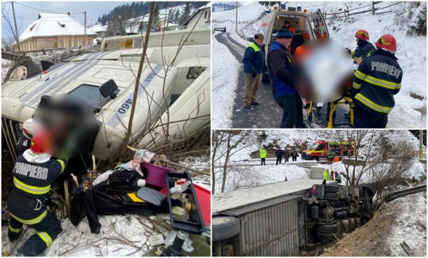 /FOTO/ Un camion cu numere moldovenești s-a răsturnat în albia unui râu din România: Șoferul, descarcerat de către salvatori