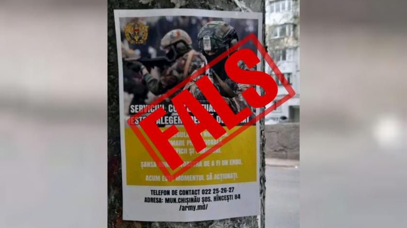 Atenție, FALS! Postere manipulatoare privind angajarea în armată, lipite pe clădiri și piloni