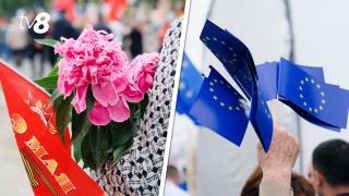 /FOTO/ Drapele UE și oficiali europeni vs. steaguri roșii cu însemnele „Победа”. Cum au marcat Chișinăul și Bălțiul ziua de 9 mai