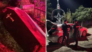 /VIDEO/ Provocare pe TikTok cu sicriu în cimitir, sfârșită la poliție: Cum au fost reținuți trei tineri noaptea