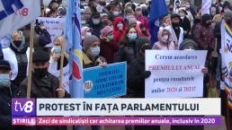 /VIDEO/ Protest matinal la Parlament! Zeci de sindicaliști au cerut achitarea premiului anual, cunoscut ca al 13-lea salariu