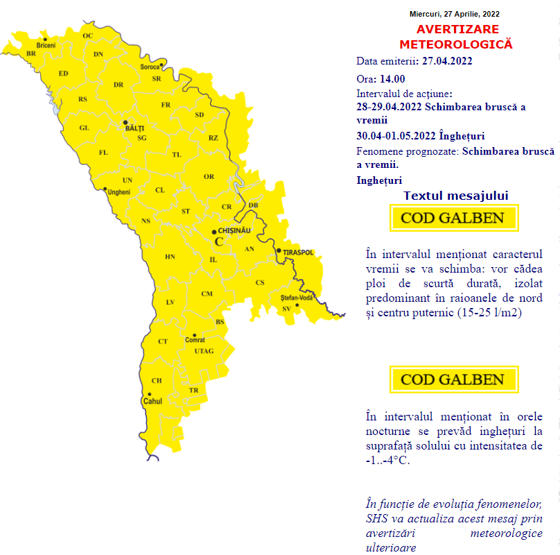 Schimbare bruscă a vremii. A fost emis cod galben de ploi și înghețuri