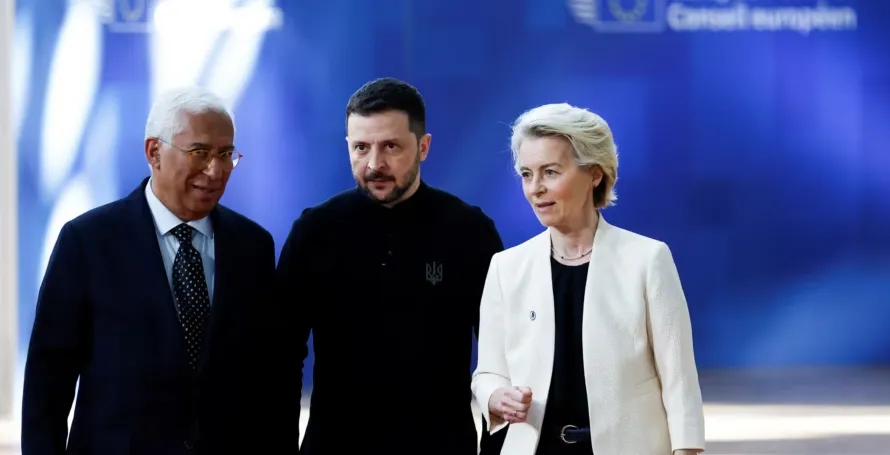 Антониу Кошта, Владимир Зеленский и Урсула фон дер Ляйен на саммите 6 марта