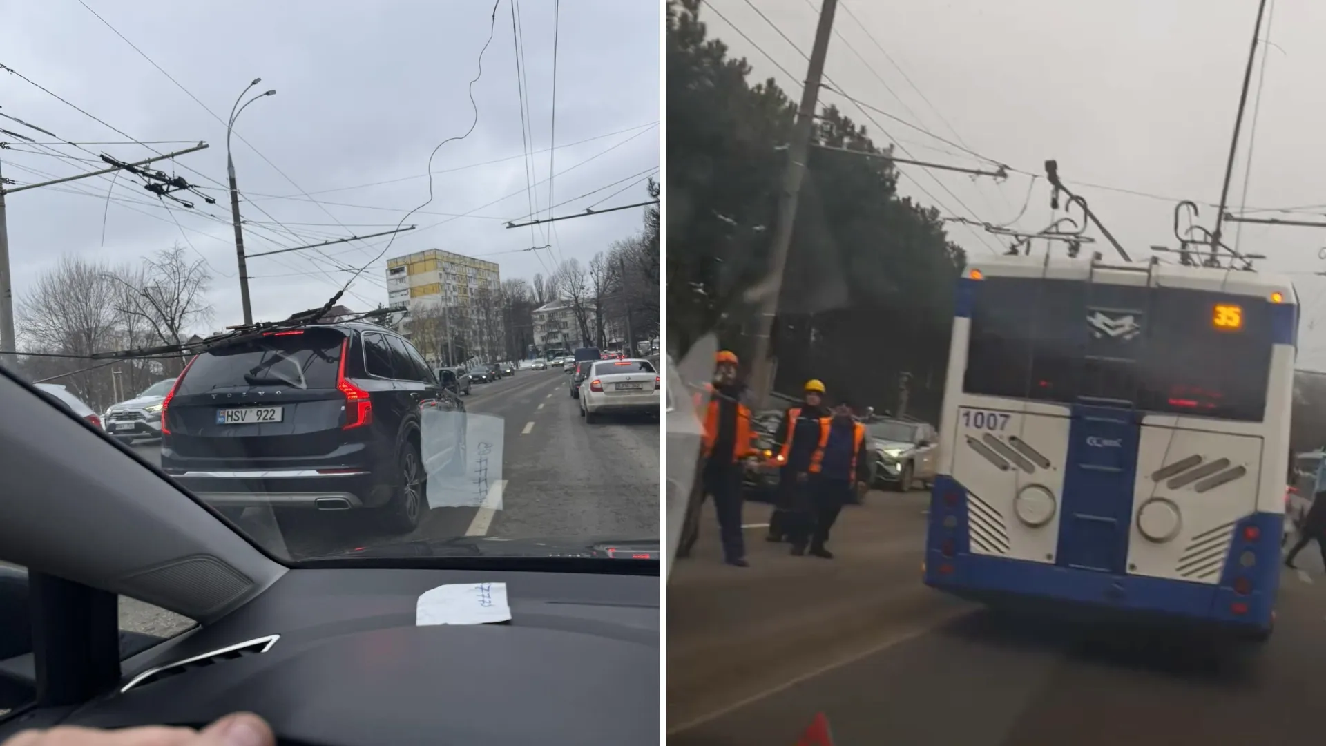 /VIDEO/ Zonă de evitat în Chișinău: S-au creat ambuteiaje după ce firele de troleibuz s-au rupt