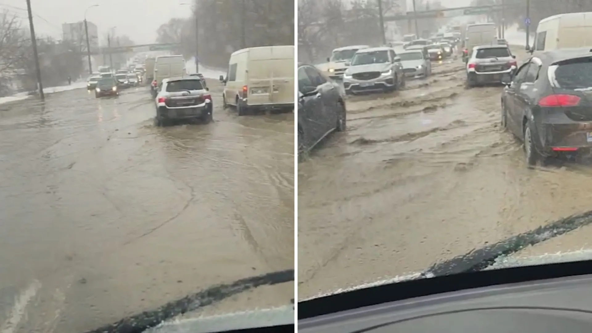 /VIDEO/ „Ia uite, iaz”: Inundație pe o stradă din Chișinău. Cum circulă transportul public