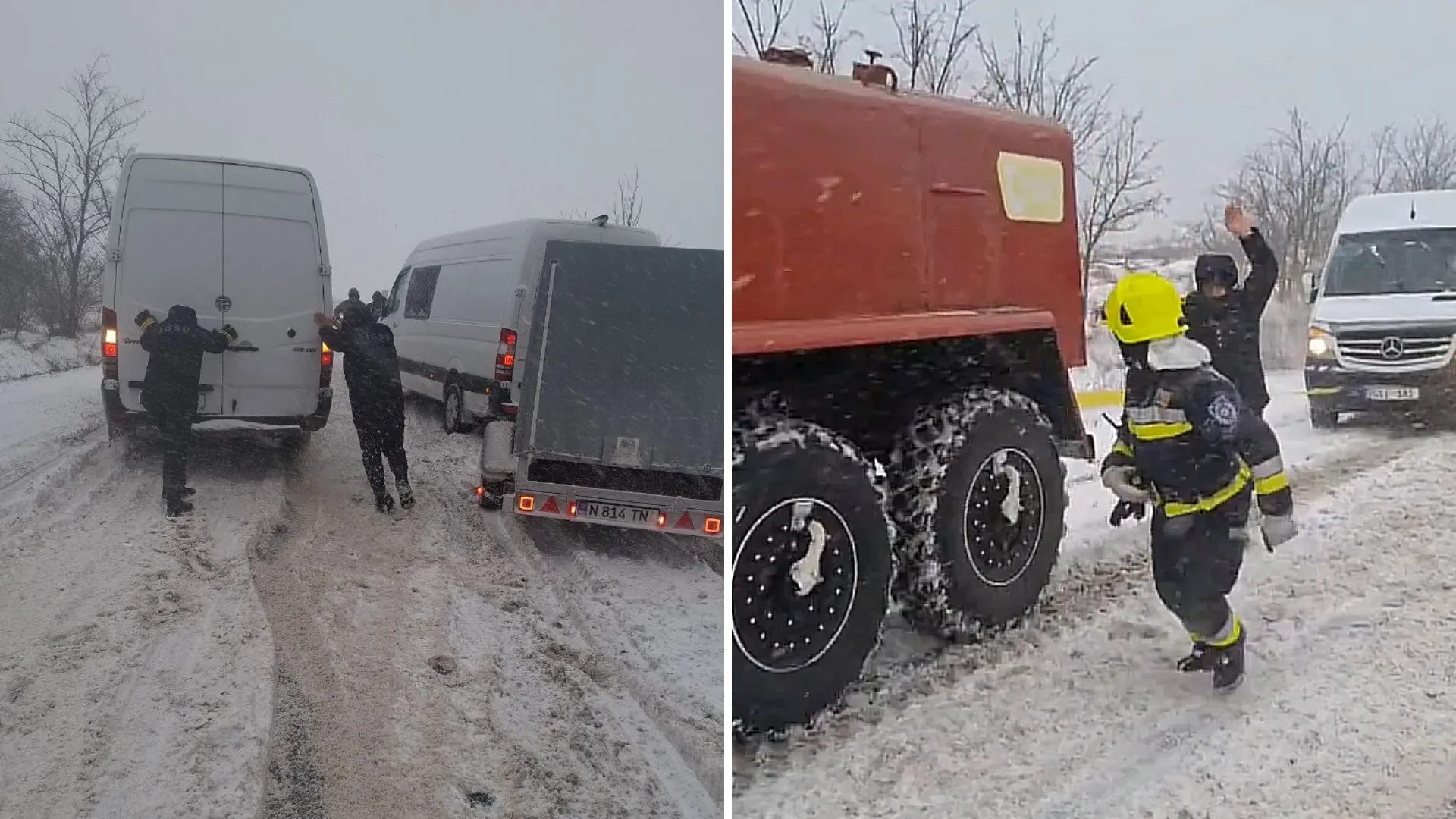 /VIDEO/ Ninsoarea dă bătăi de cap: Microbuz cu 5 pasageri blocat în nămeți și copac doborât peste carosabil