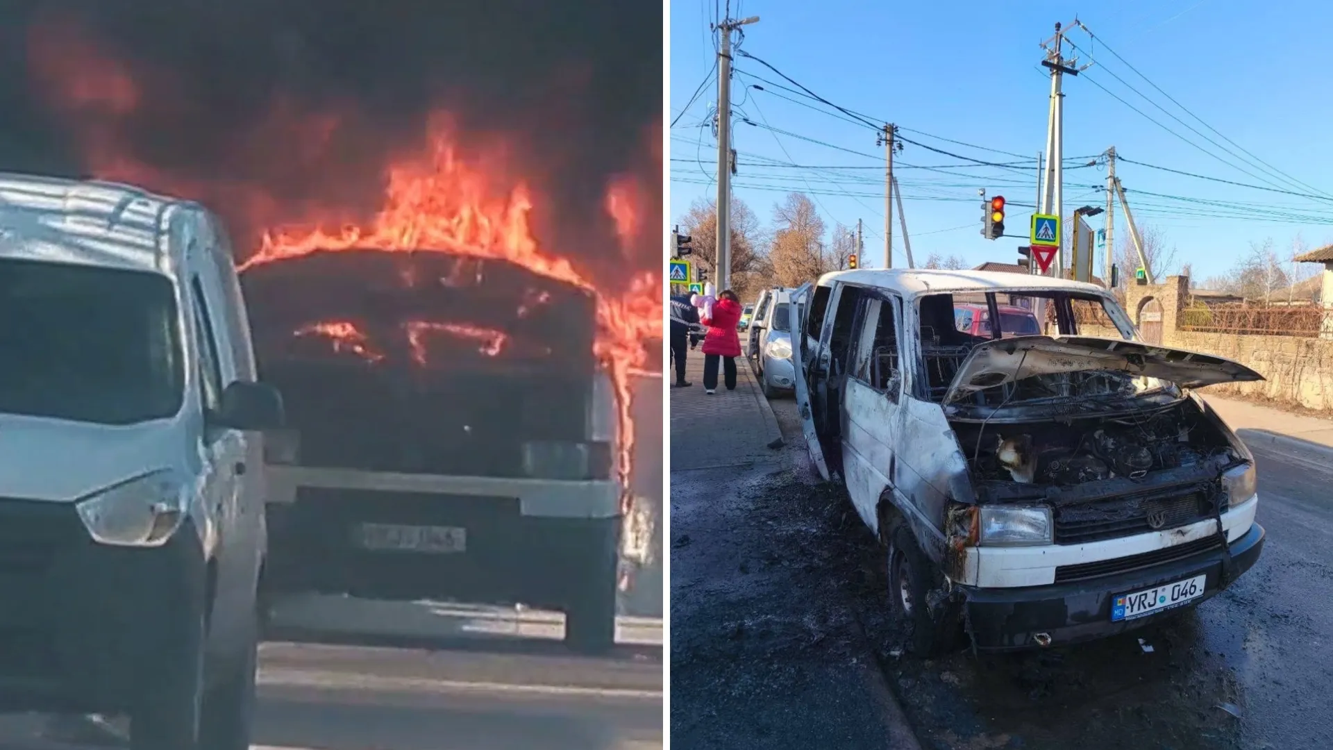/VIDEO/ Microbuz distrus de flăcări la Bălți: O femeie și un copil au scăpat ca prin minune