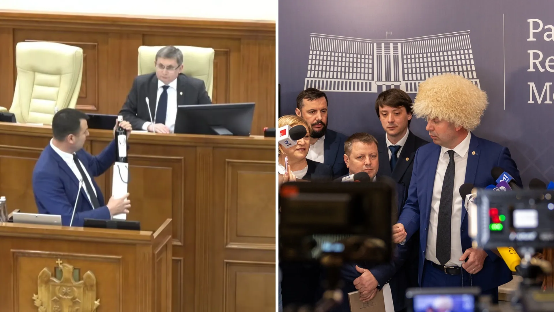 /VIDEO/ Cu papahă pe cap și sticlă de vin în Parlament: Vasile Costiuc, refuzat după ce a pregătit cadou pentru Igor Grosu