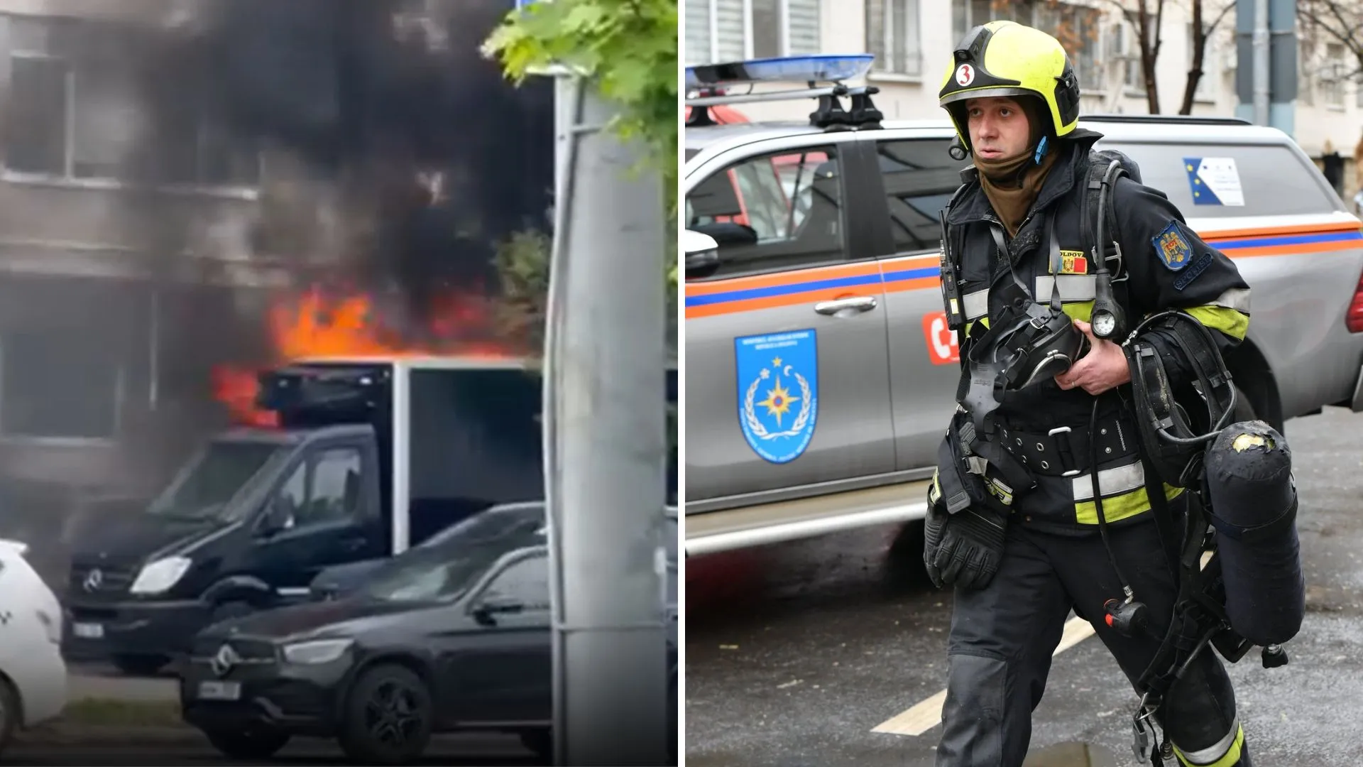 /VIDEO/ Motocicletă în flăcări la Chișinău: Focul a cuprins și două mașini