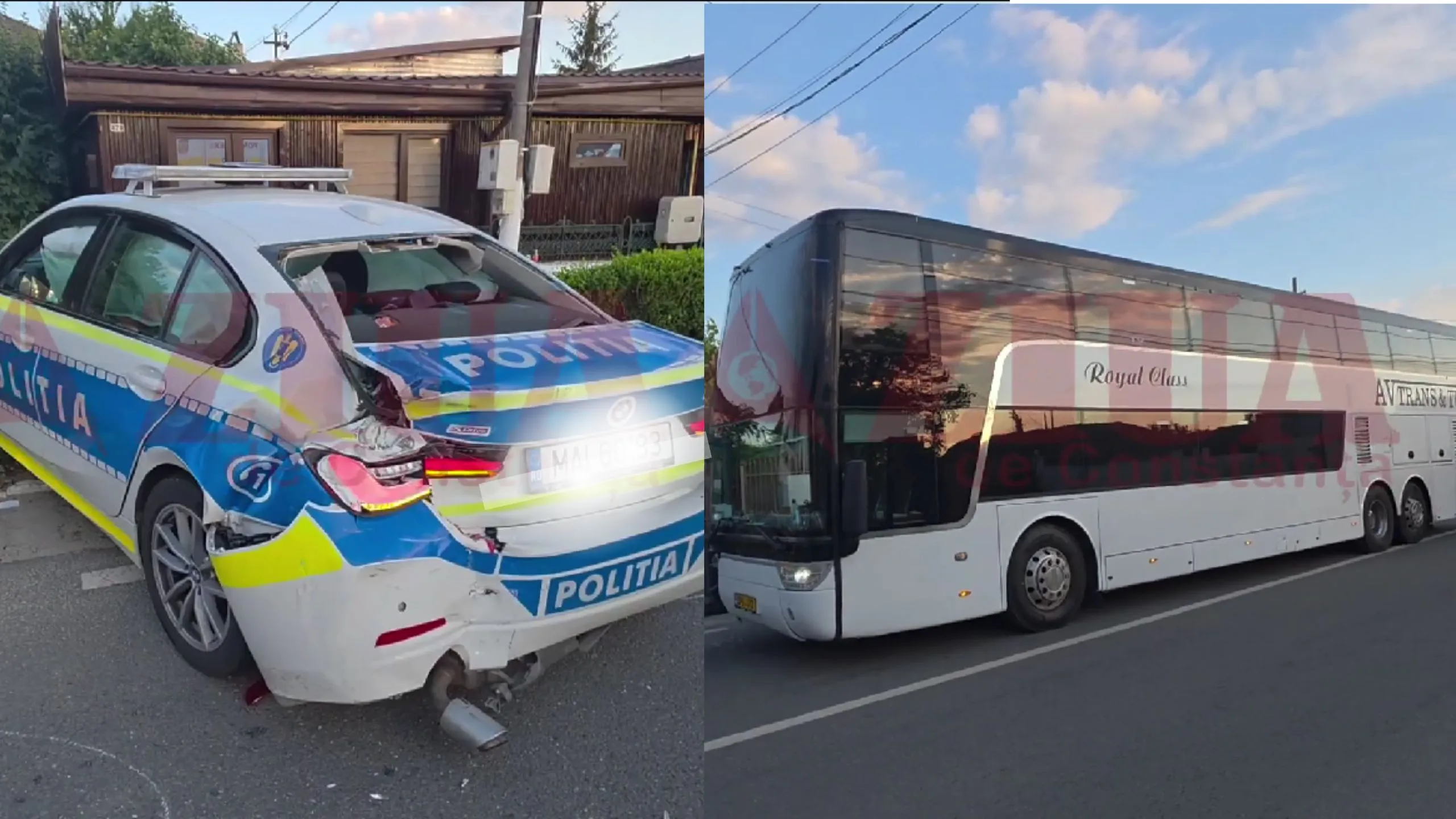 /VIDEO/ Accident matinal la Constanța: Un autocar din Moldova a lovit o mașină a poliției române