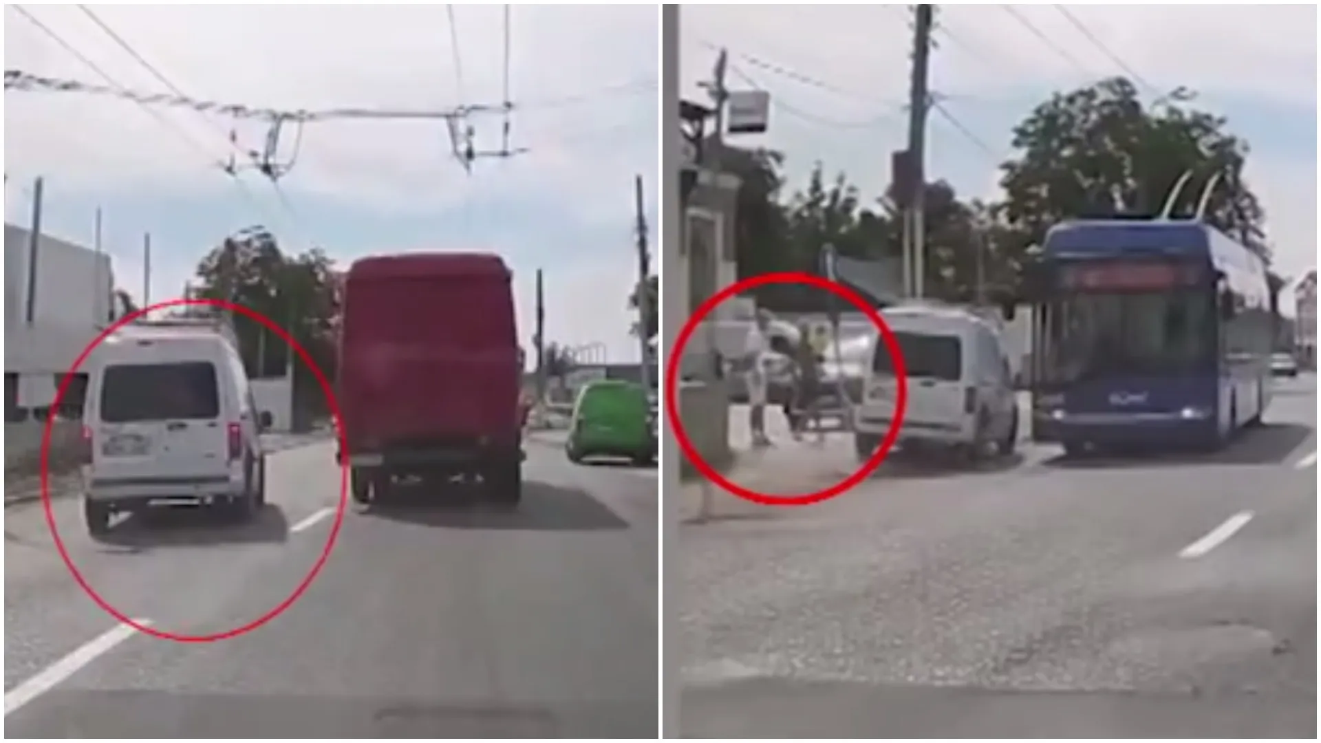 /VIDEO/ Depășire la limita tragediei: Momentul în care o mașină trece pe lângă un troleibuz și la câțiva centimetri de pietoni