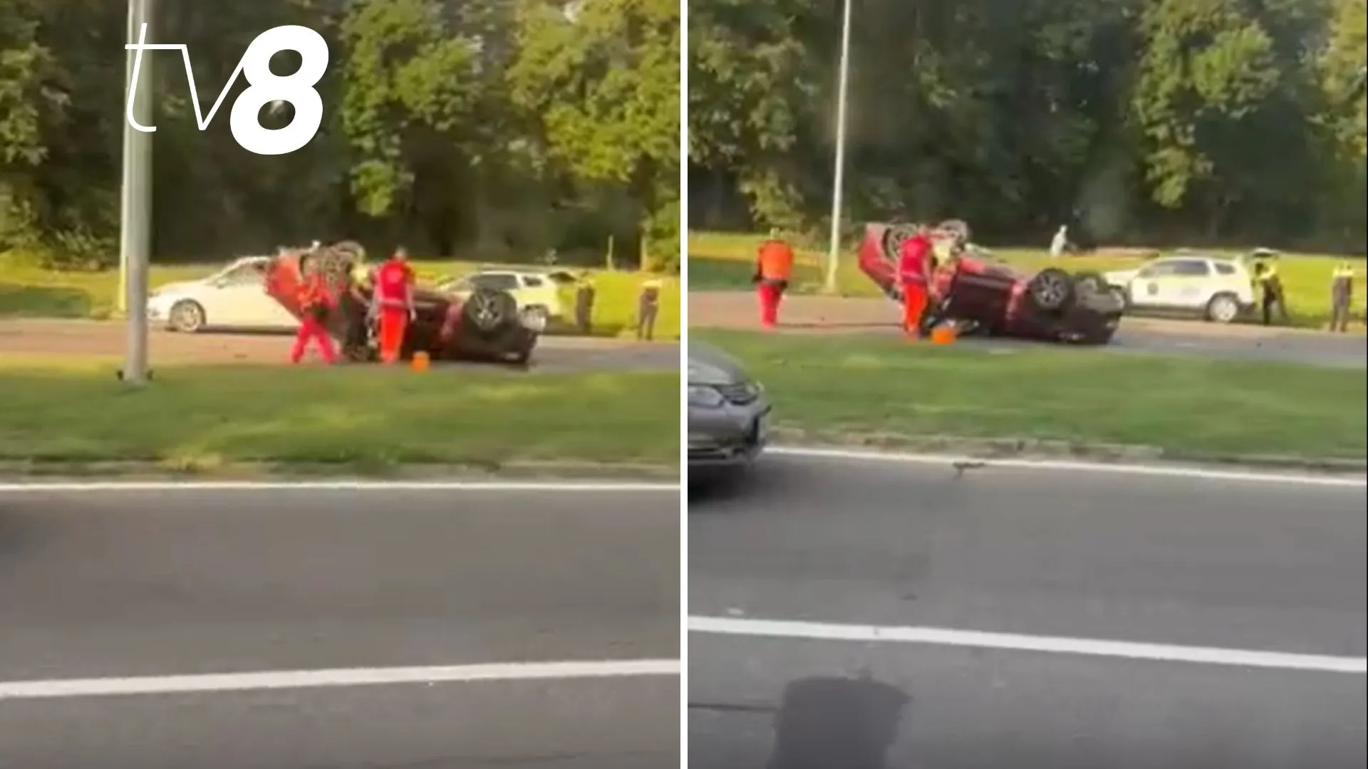 /VIDEO/ Accident lângă Aeroportul Chișinău: Un autoturism s-a răsturnat, iar o femeie a ajuns la spital