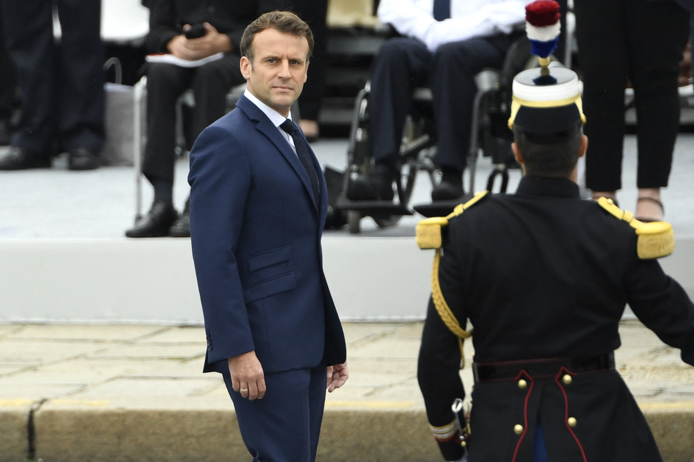 French President Emmanuel Macron reviews French troops during the annual Bastille Day military parade on the Champs-Elysees avenue in Paris on July 14, 2021.,Image: 621424891, License: Rights-managed, Restrictions: , Model Release: no, Credit line: Profim