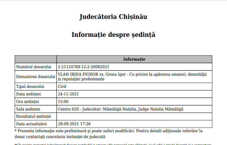 DOC// Irina Vlah l-a acționat pe Igor Grosu în judecată. Se simte defăimată și vrea despăgubiri de 200.000 lei
